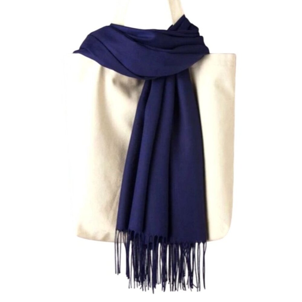 Luxurious Navy-Blue Cashmere Scarf 74" With Fringed Edges - Picture 5 of 8